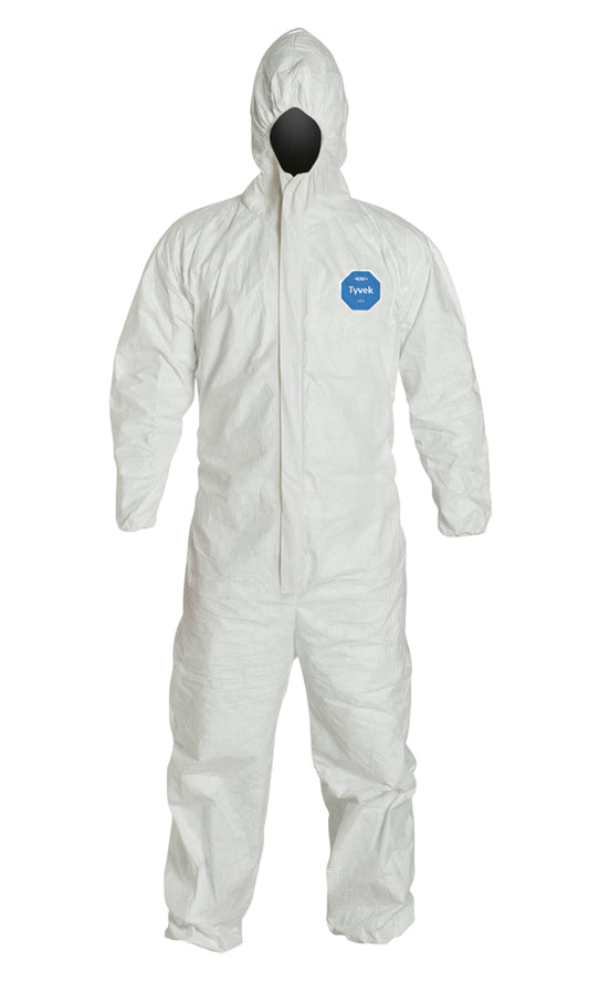 DuPont Tyvek® 400 Coveralls with Hood & Boots – White, 3XL, Serged Seams, Elastic Wrists, Waist & Ankles, Zipper Front with Storm Flap (Model TY122S-3XL) – Pack of 25