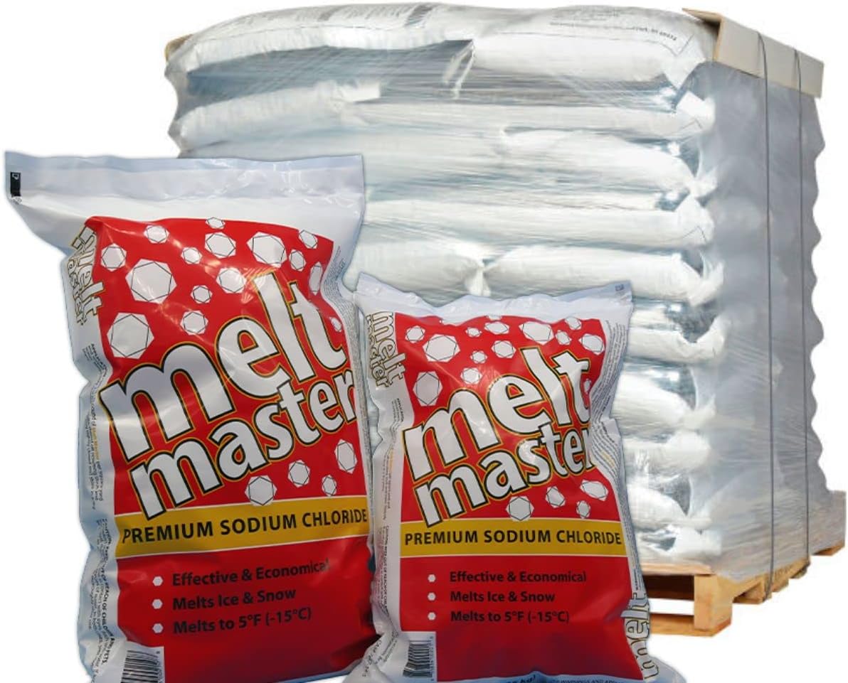 Two 'melt master' salt bags with a large stack of similar bags in the background.