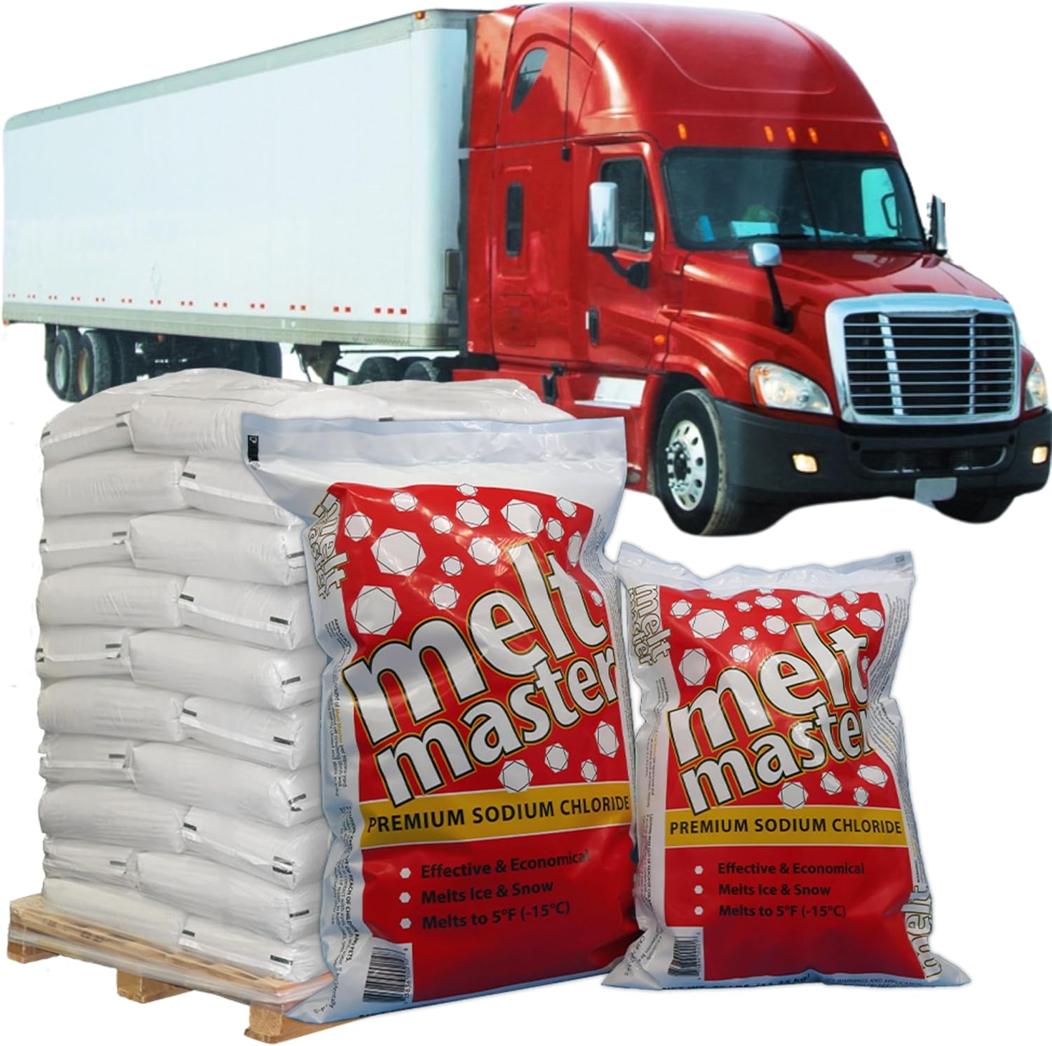 Red truck with bags of Melt Master salt on a white background
