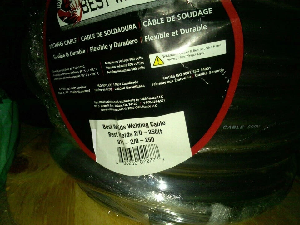 Best Welds 2/0 AWG Welding Cable – 250 ft Reel, Flexible Black Jacket